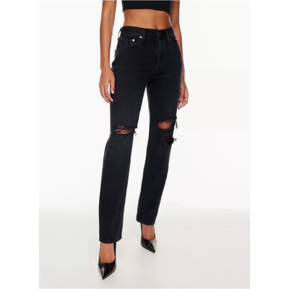 AGOLDE Lana Straight High Rise Button Fly Jeans Black Distressed